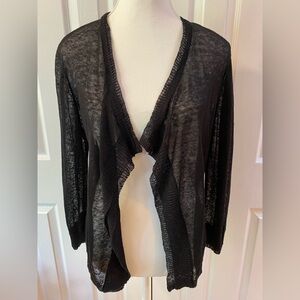 Nic+Zoe Black Sheer Knit Draped Open Front Cropped Linen Blend Cardigan Size L